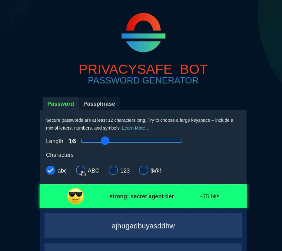 The PrivacySafe Bot password generator, showing a generated password rated strong at about 91 bits of entropy, with controls for length and character sets.